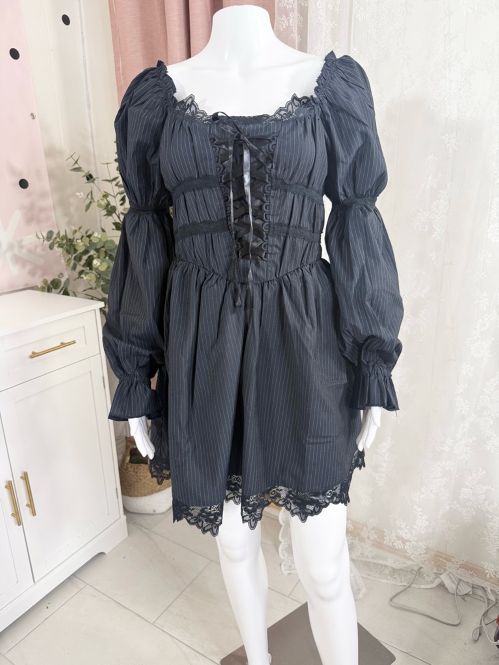 Sugar Thrillz Black Lace-Trim Puff Sleeve Mini Dress Bin#5